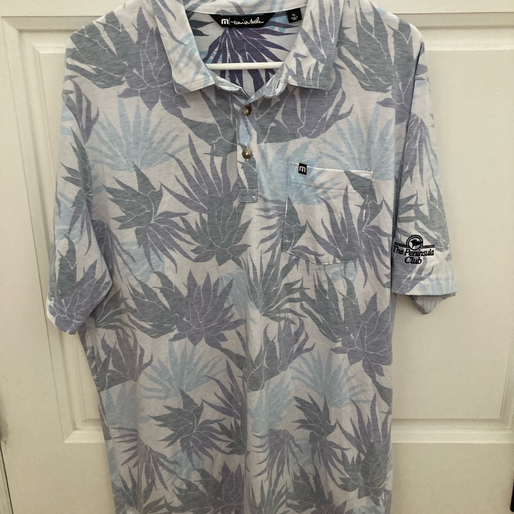 Travis Mathew Patterned Blue and Gray Leaf Polo